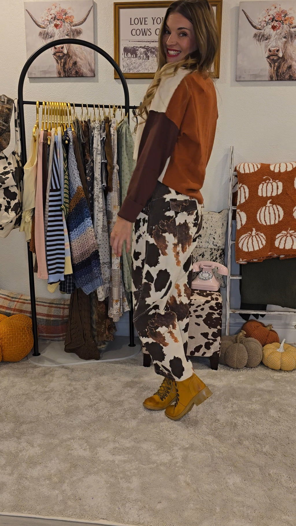 Cow Print Barrel Leg Pants