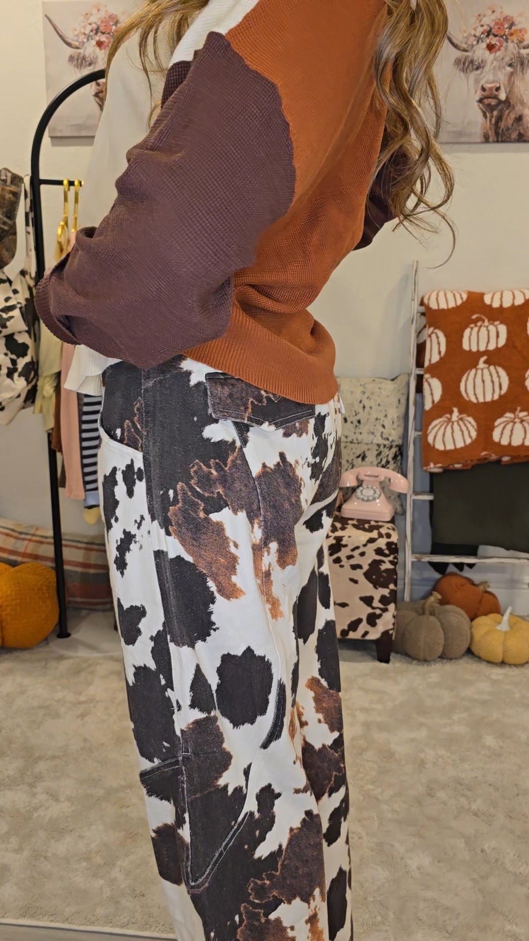 Cow Print Barrel Leg Pants