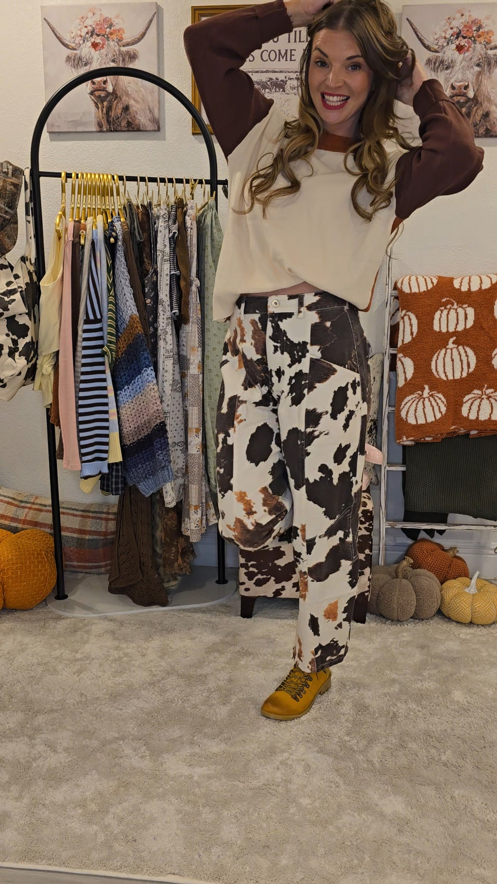 Cow Print Barrel Leg Pants