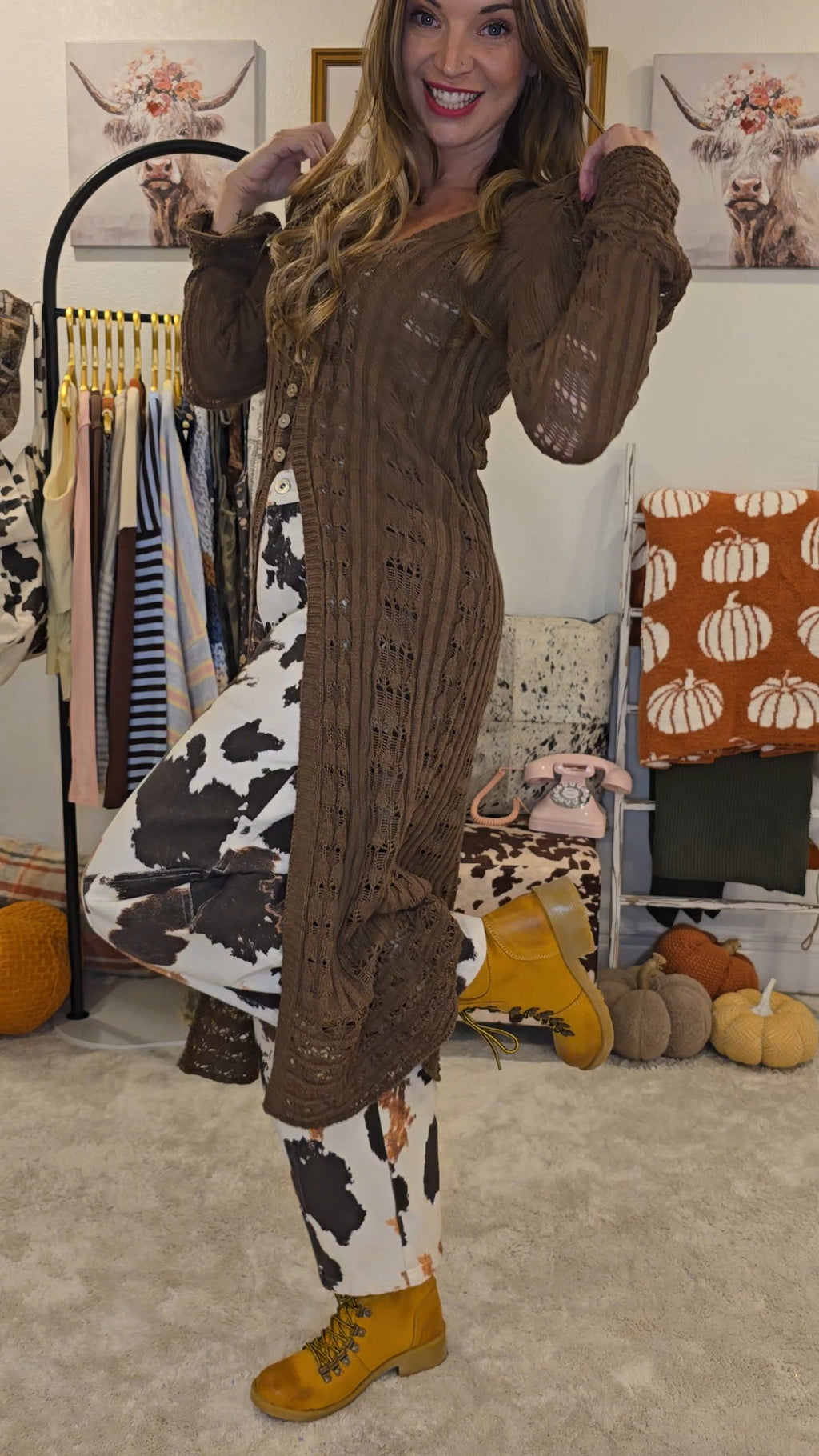 Brown Crochet Longline Cardigan