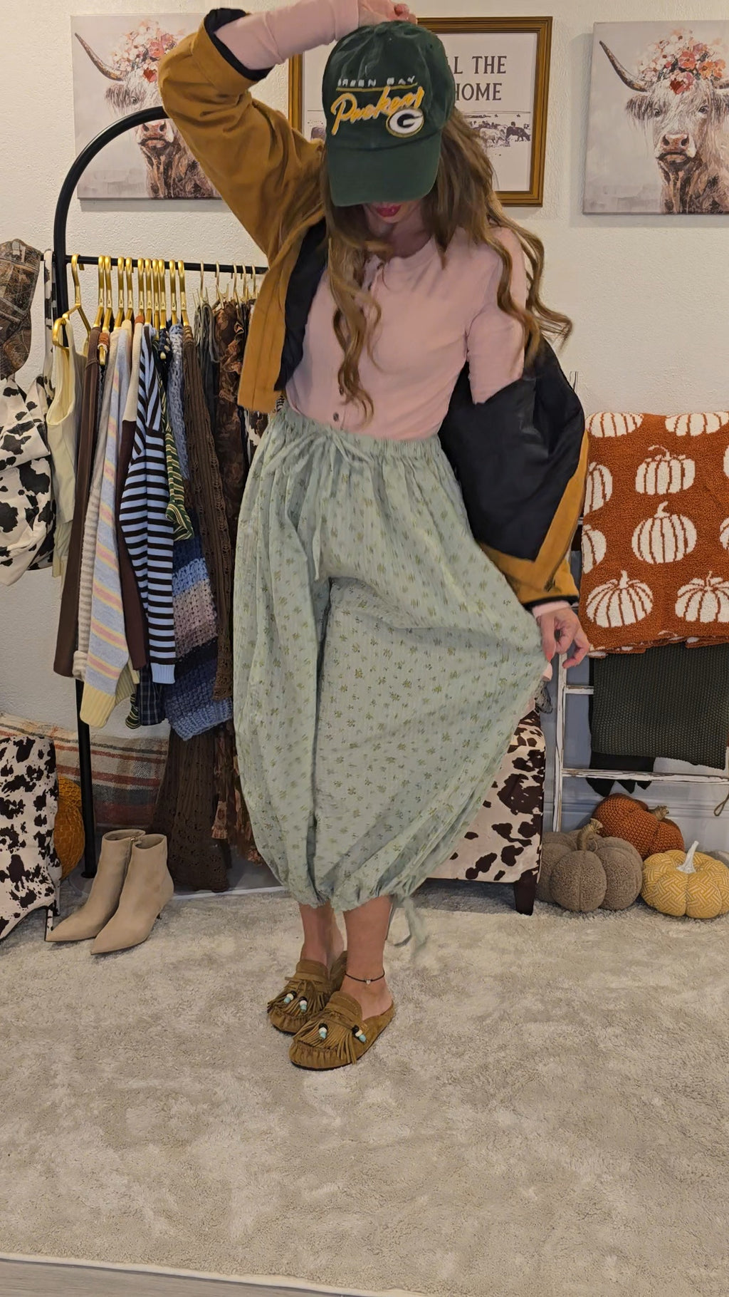 Sage Floral Print Boho Balloon Pants