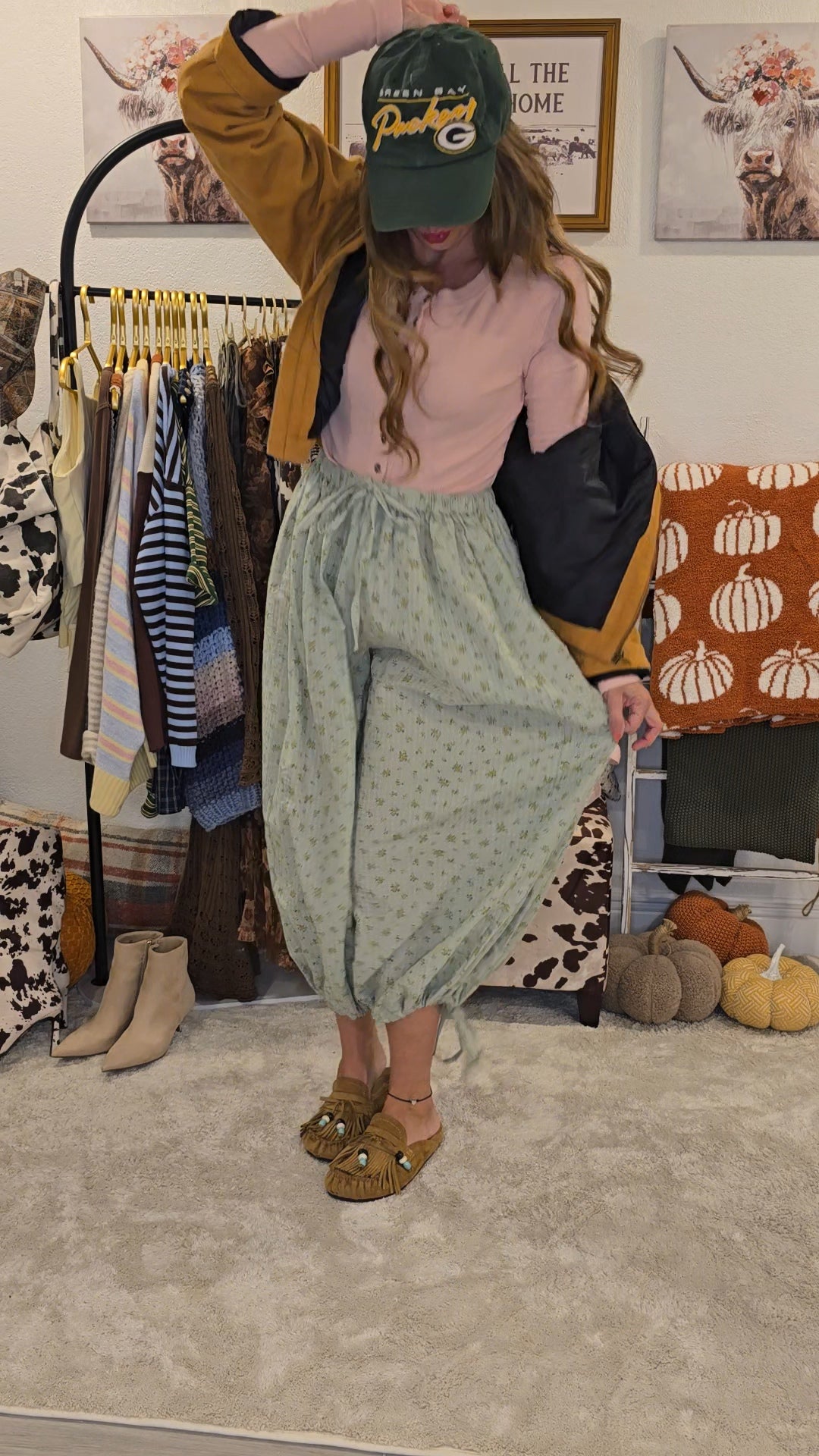 Sage Floral Print Boho Balloon Pants
