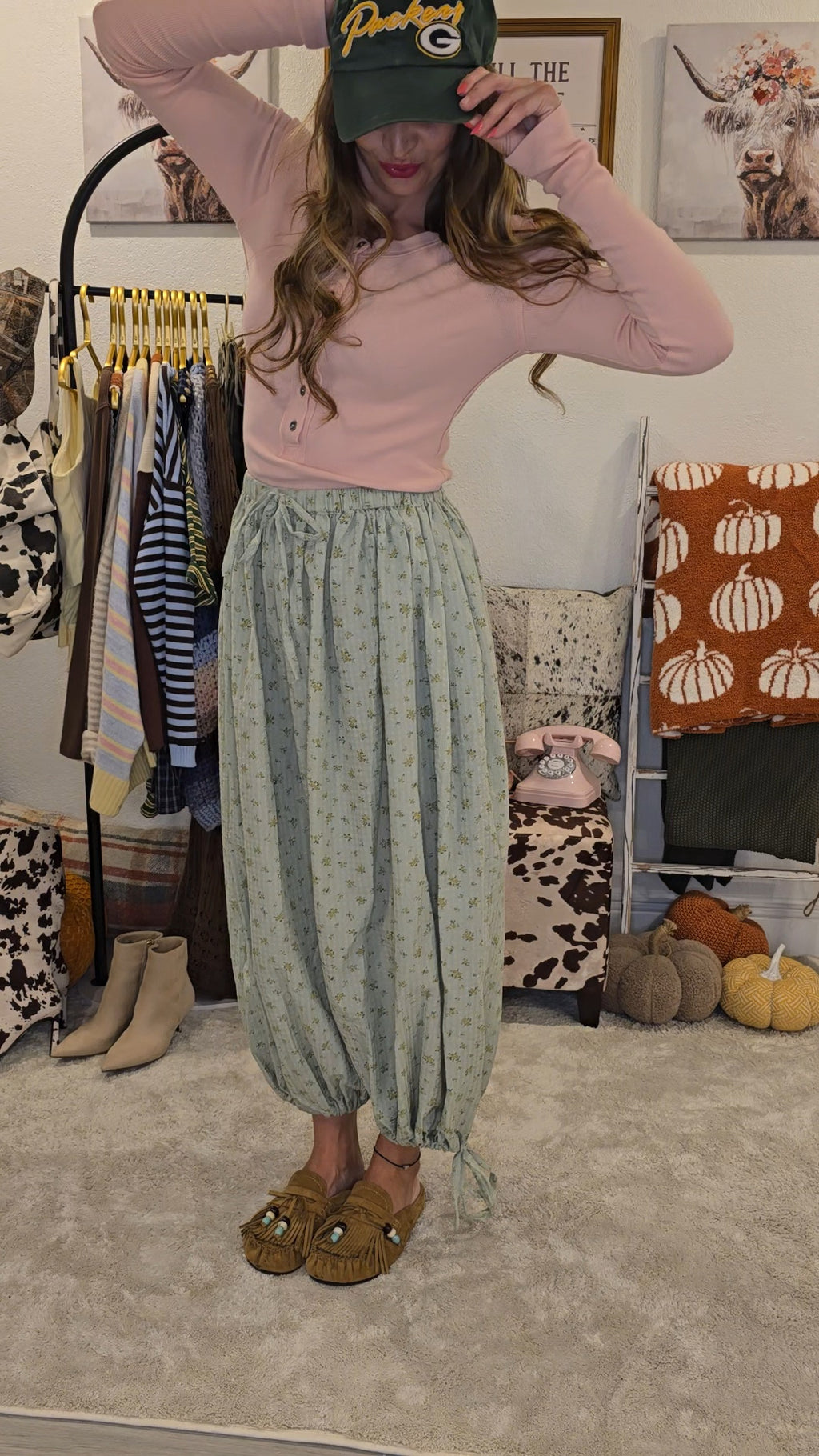 Sage Floral Print Boho Balloon Pants