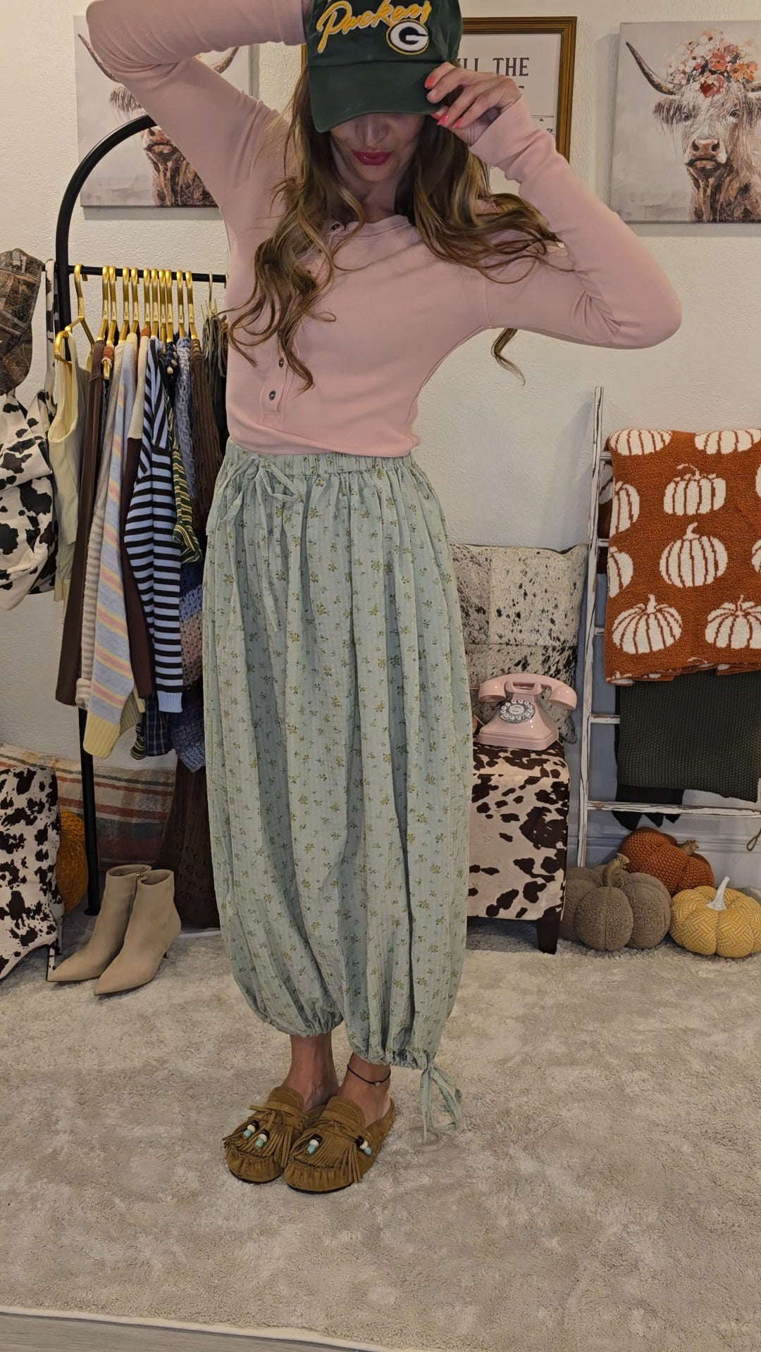 Sage Floral Print Boho Balloon Pants