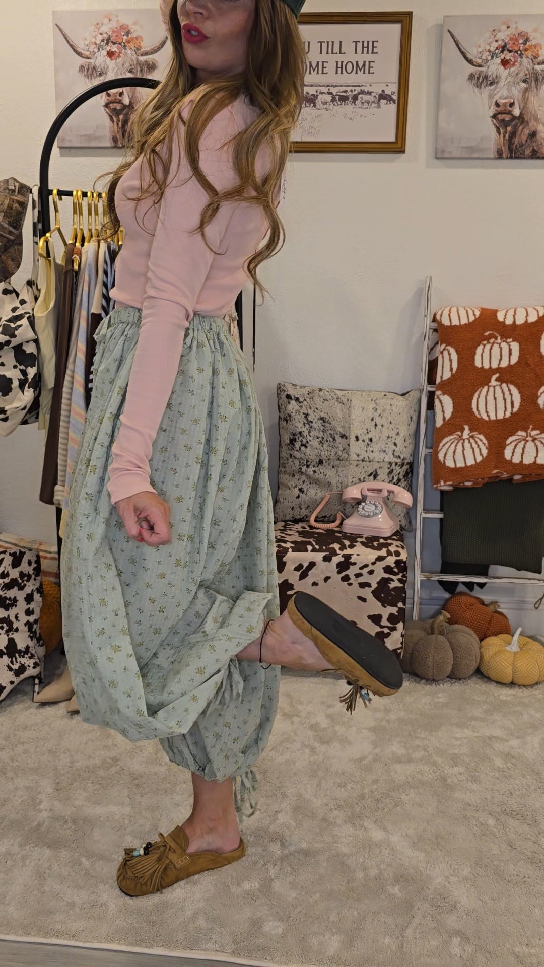 Sage Floral Print Boho Balloon Pants