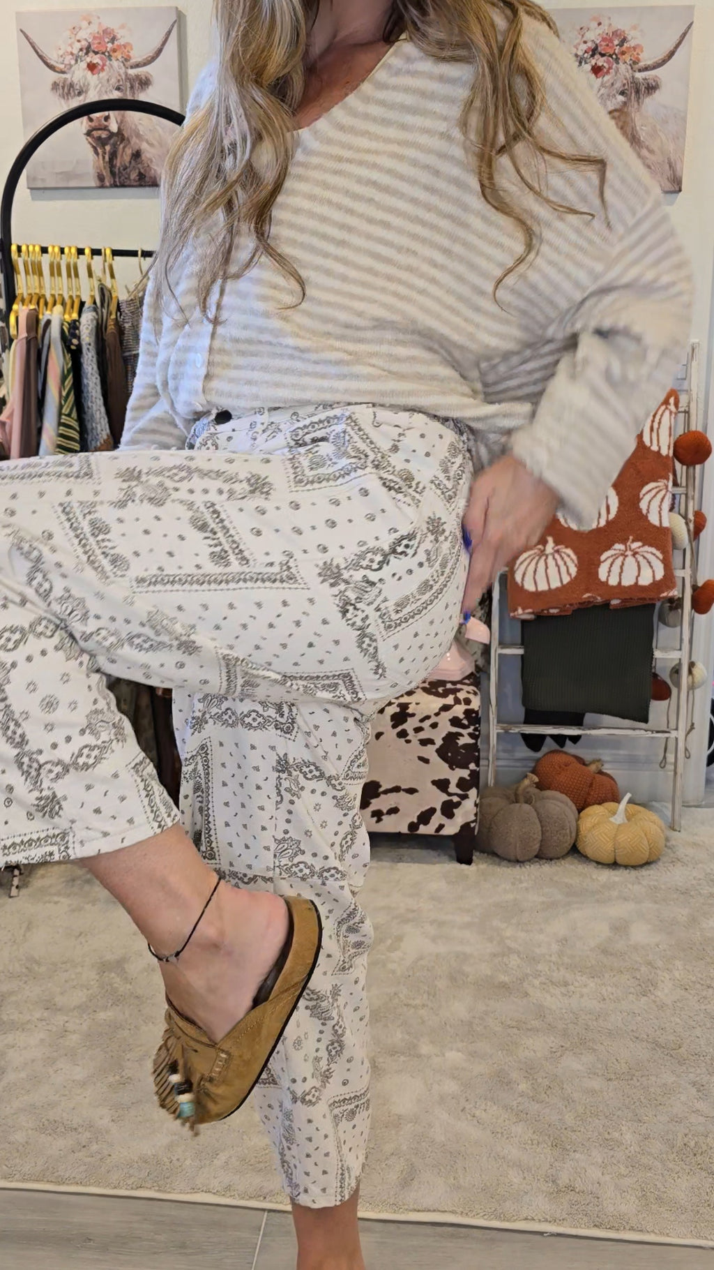 Ecru Bandana Print Denim Barrel Pants