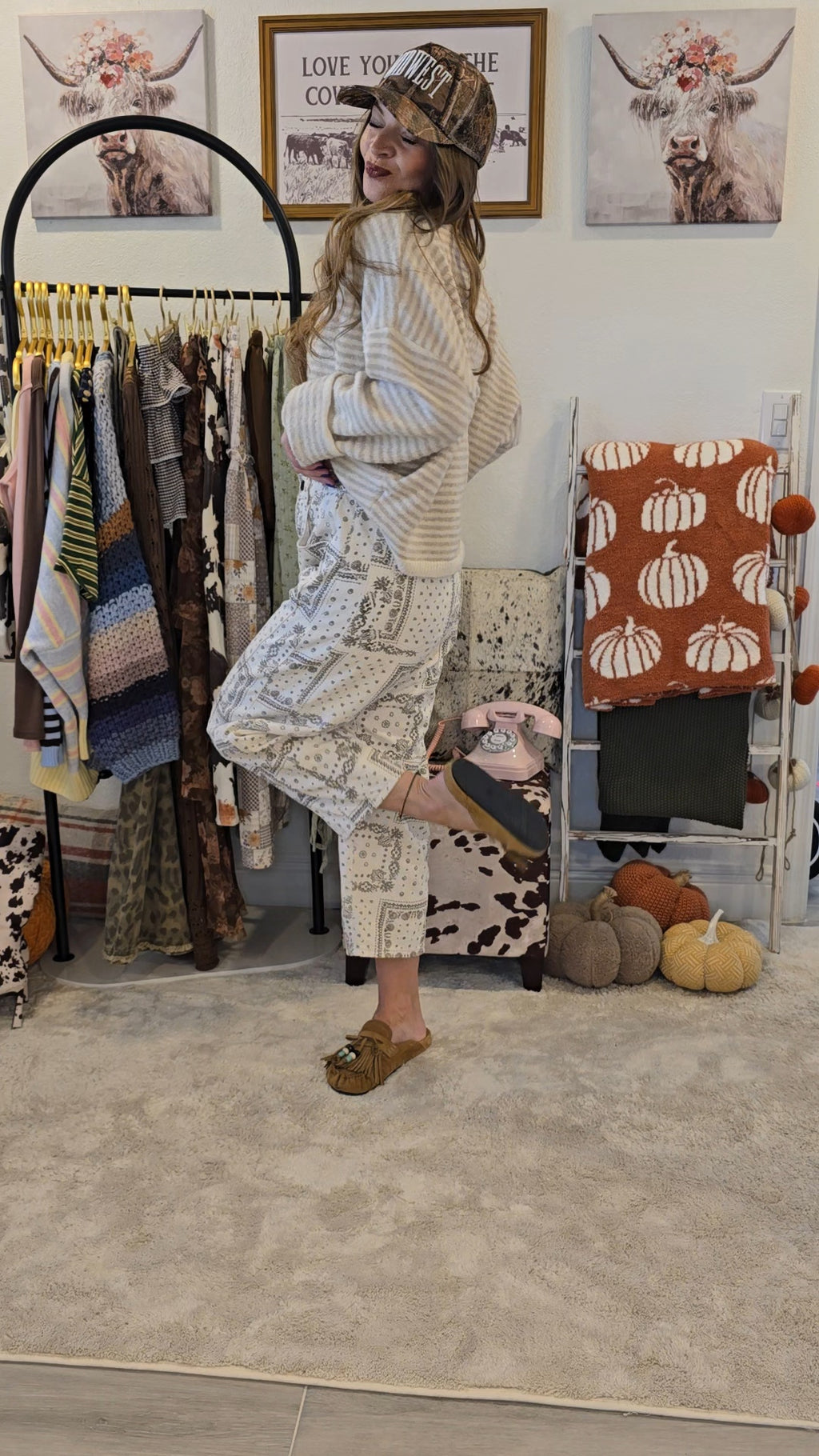 Ecru Bandana Print Denim Barrel Pants