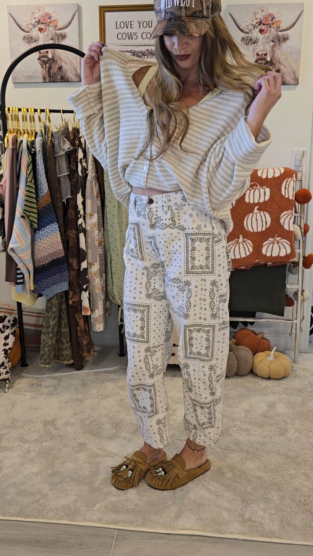Ecru Bandana Print Denim Barrel Pants