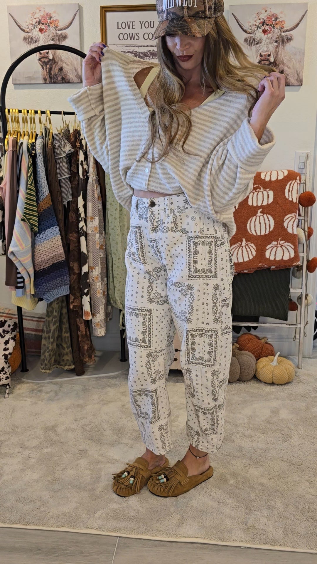 Ecru Bandana Print Denim Barrel Pants