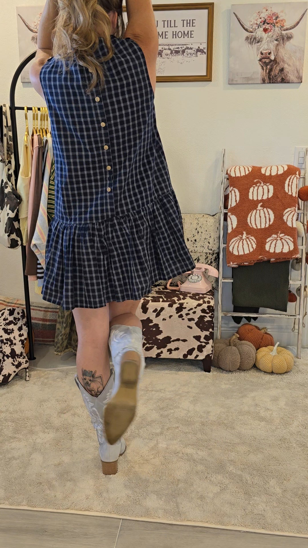 Navy Plaid Button Back Dress