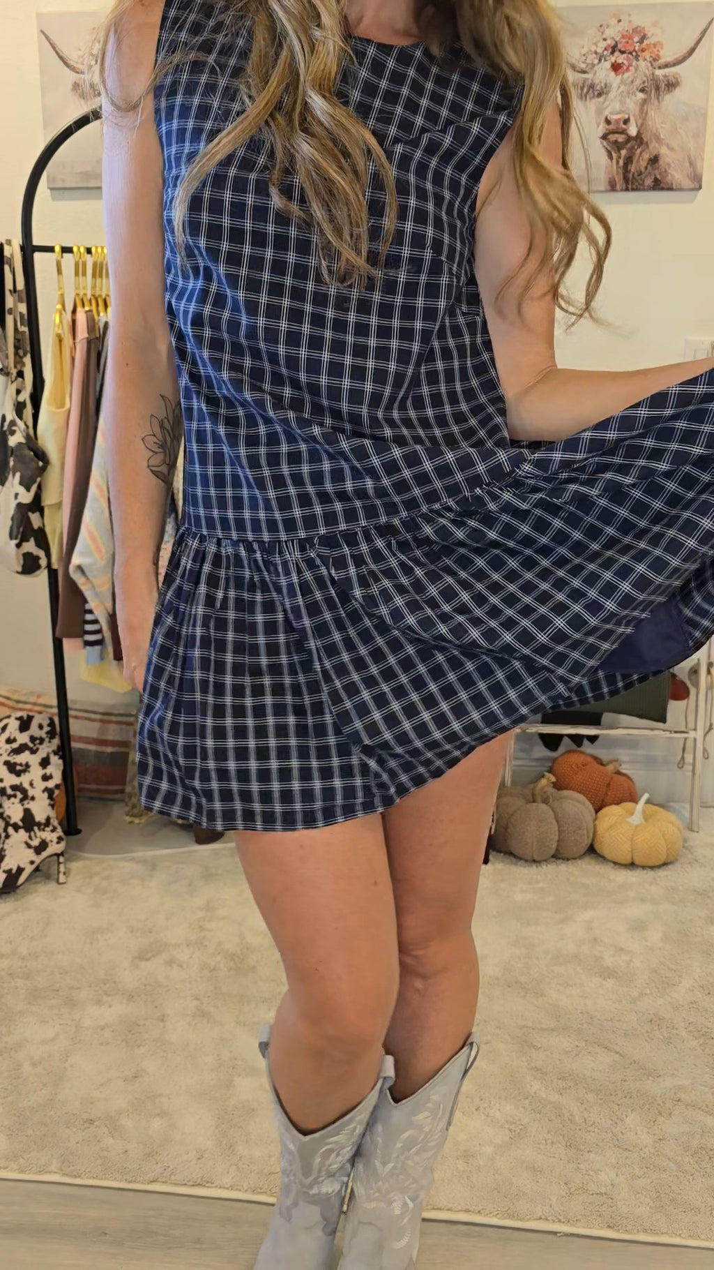 Navy Plaid Button Back Dress