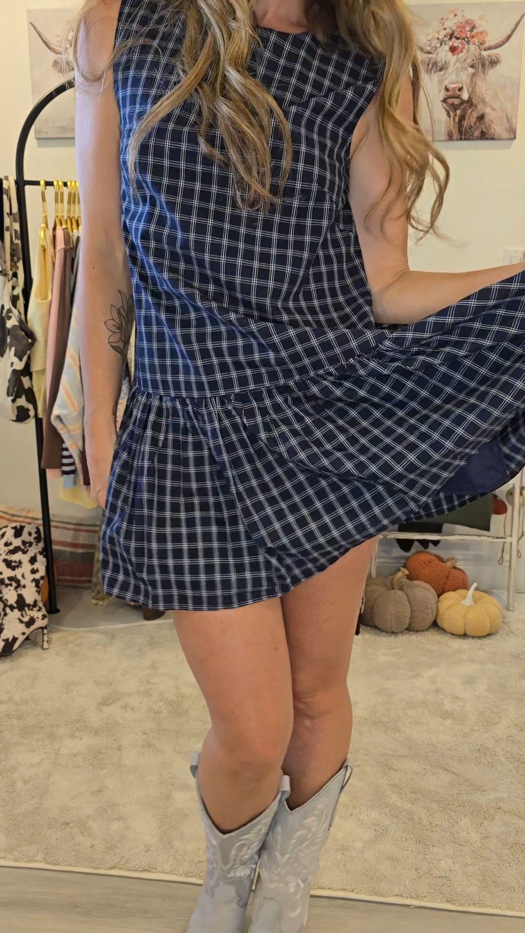 Navy Plaid Button Back Dress
