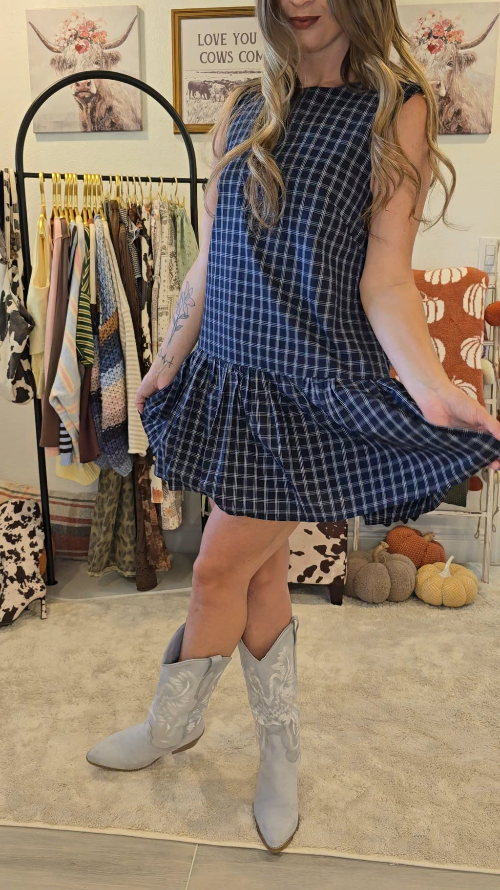 Navy Plaid Button Back Dress