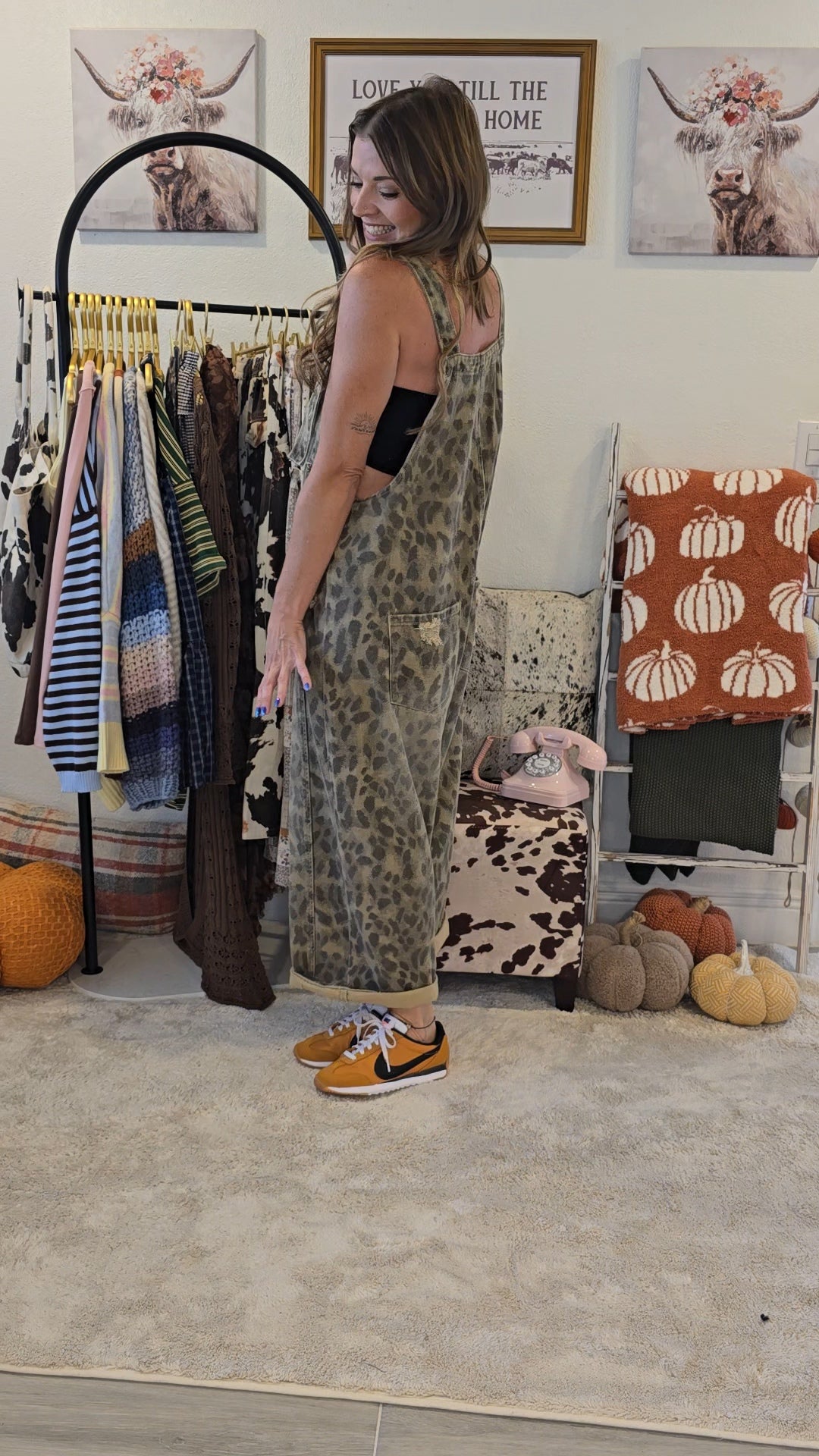 Animal Printed Washed Denim Overall Jumpsuit