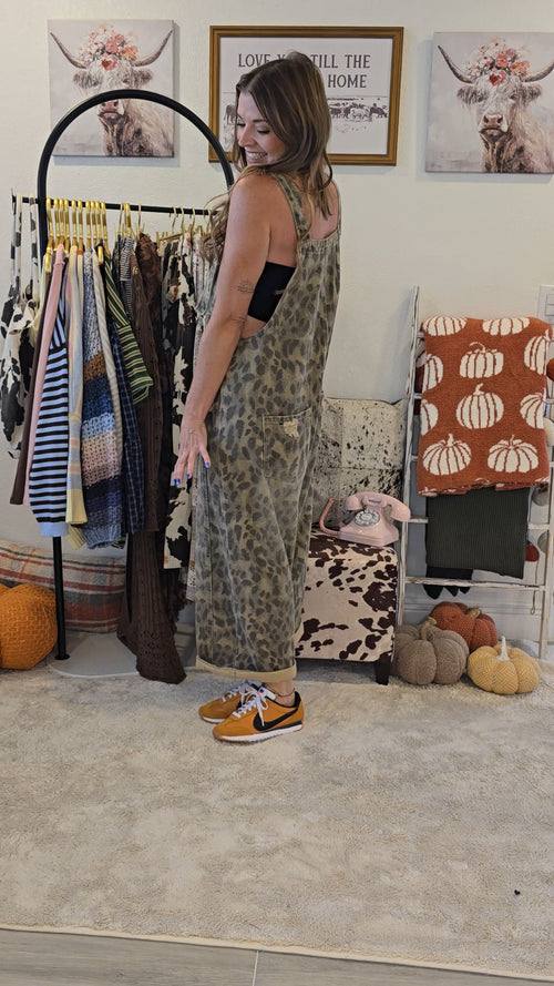 Animal Printed Washed Denim Overall Jumpsuit