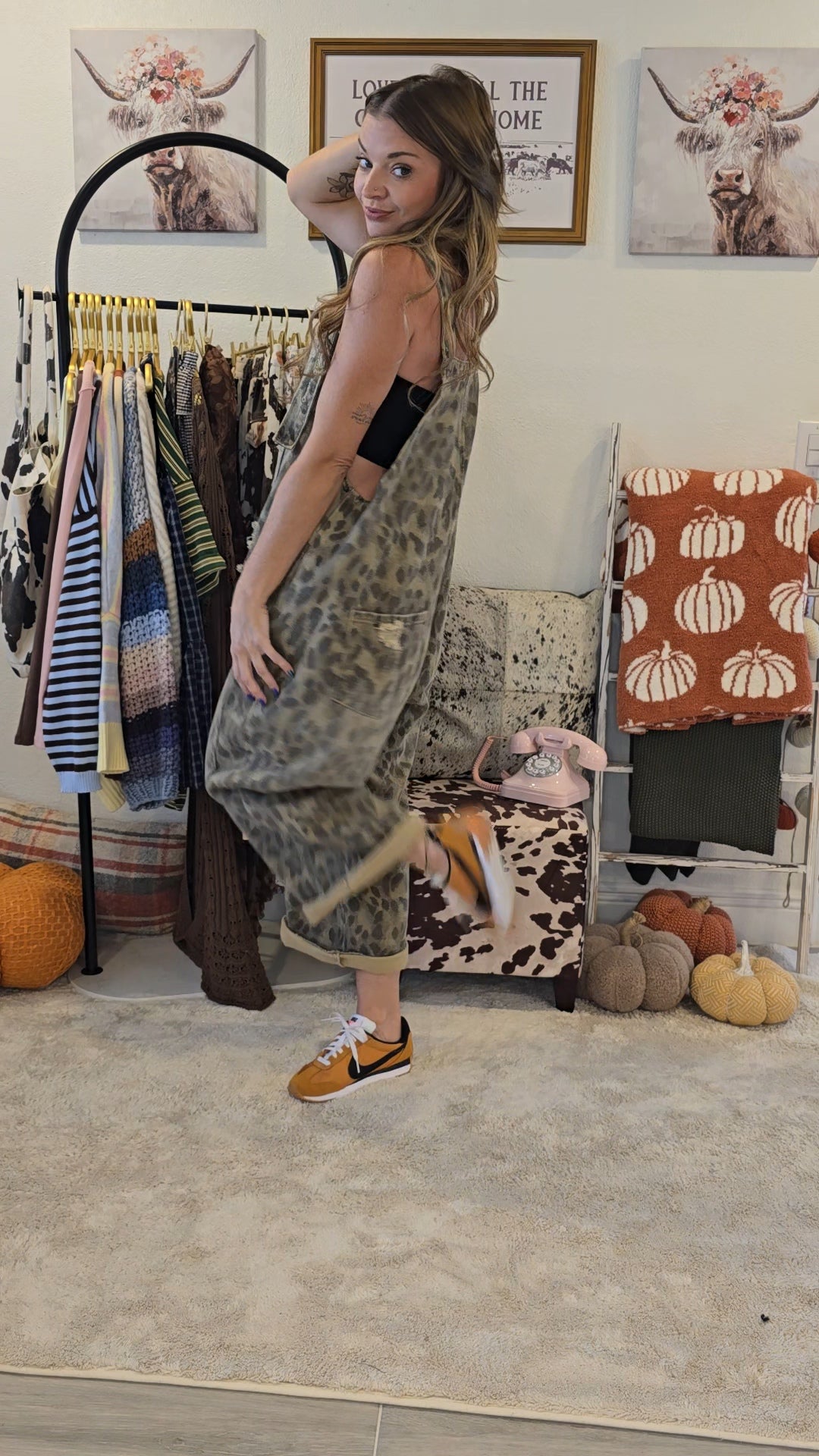 Animal Printed Washed Denim Overall Jumpsuit